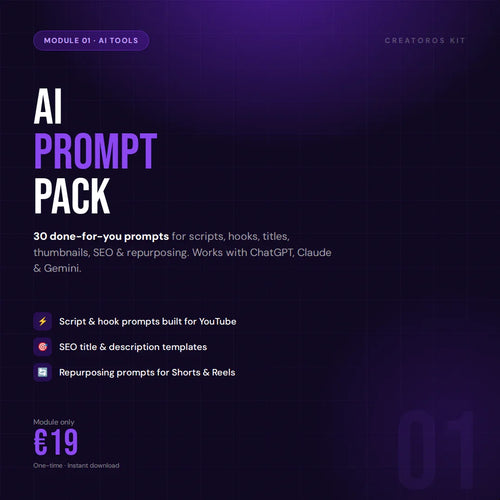 AI Prompt Pack Module 1 overview with 30 content creation prompts and delivery details