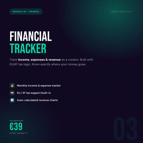 Finance Tracker module overview with AI prompts, Notion databases, Excel sheets, revenue and expense tracking, and tax estimator
